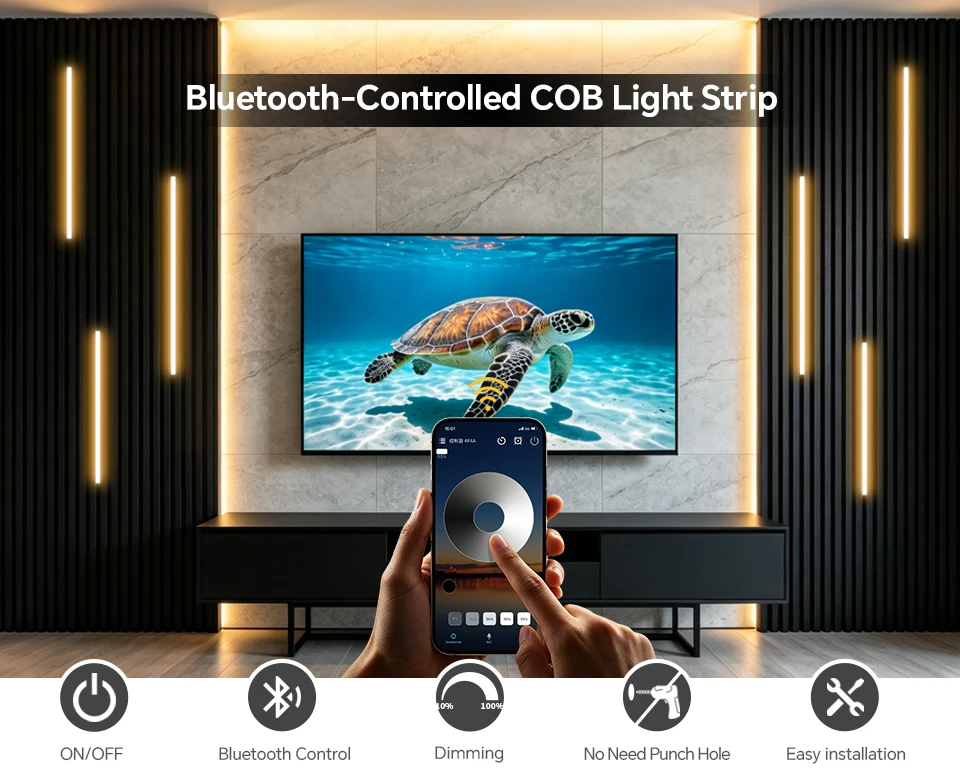 Intelligenter Bluetooth-App-gesteuerter dimmbarer COB-LED-Lichtstreifen für TV, akustische Wandpaneele, Vitrinen, Bücherregale, Hintergrundbeleuchtung, Dekoration – Detail 1