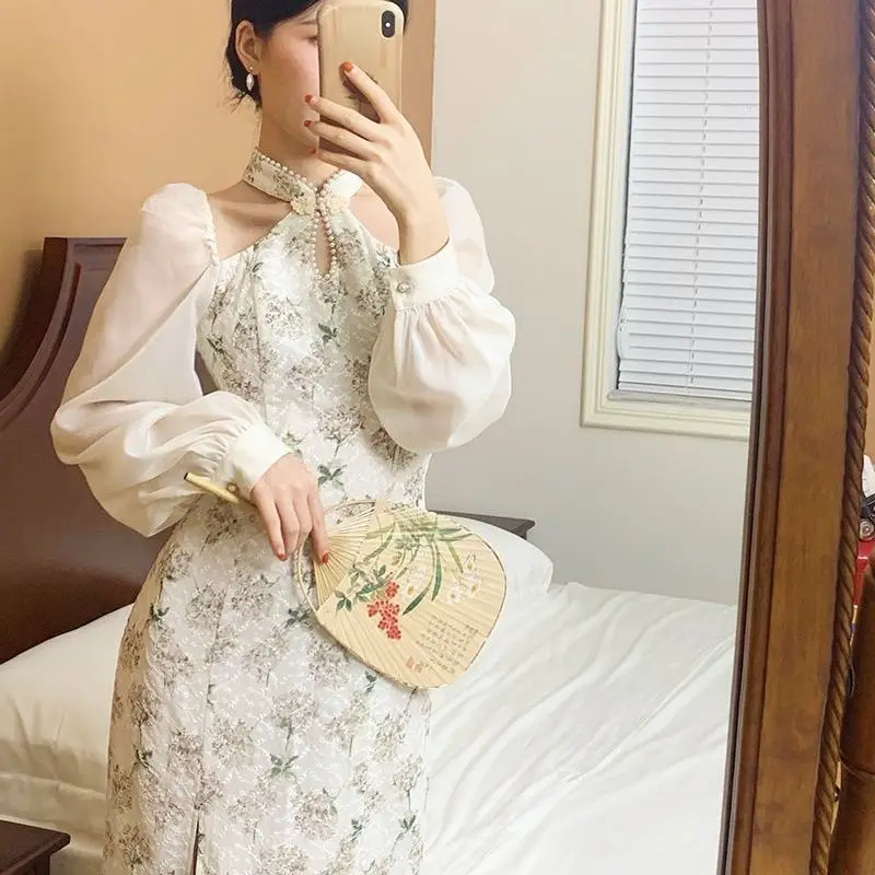 

French cheongsam Spring summer pearl lace embroidery print puffed sleeve slit everyday party dress