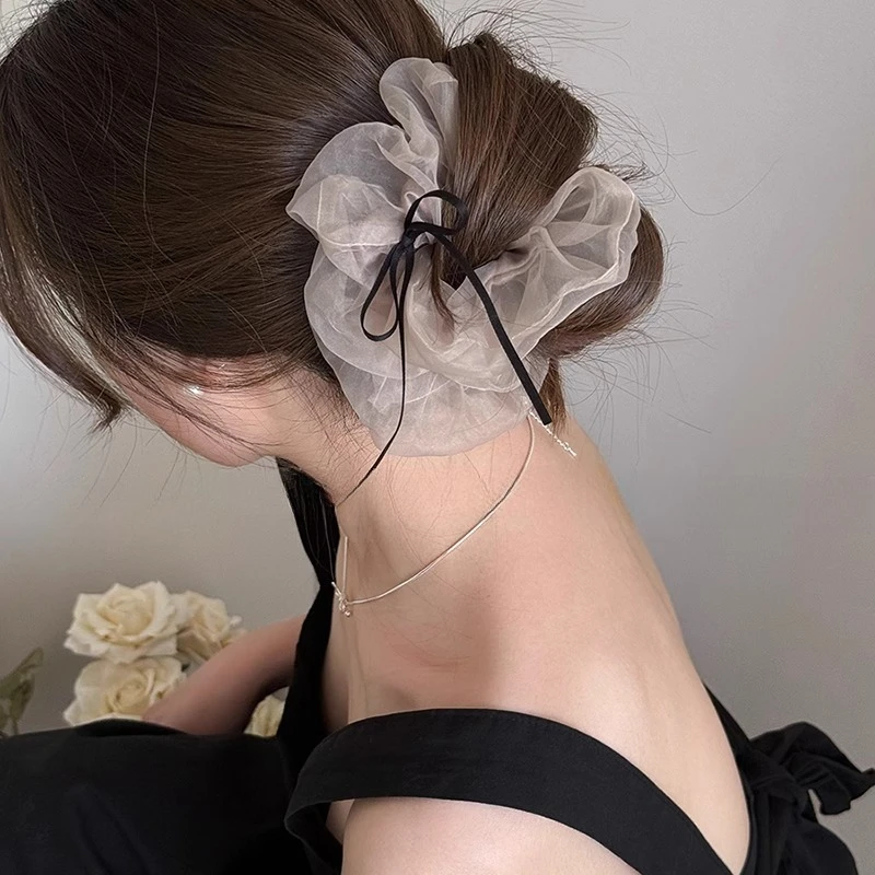 

Ethereal Mesh Ribbon Bow Scrunchie 2024 New Premium High Quality Elastic Hair Tie for Women Daily Versatile Non Slip Soft
