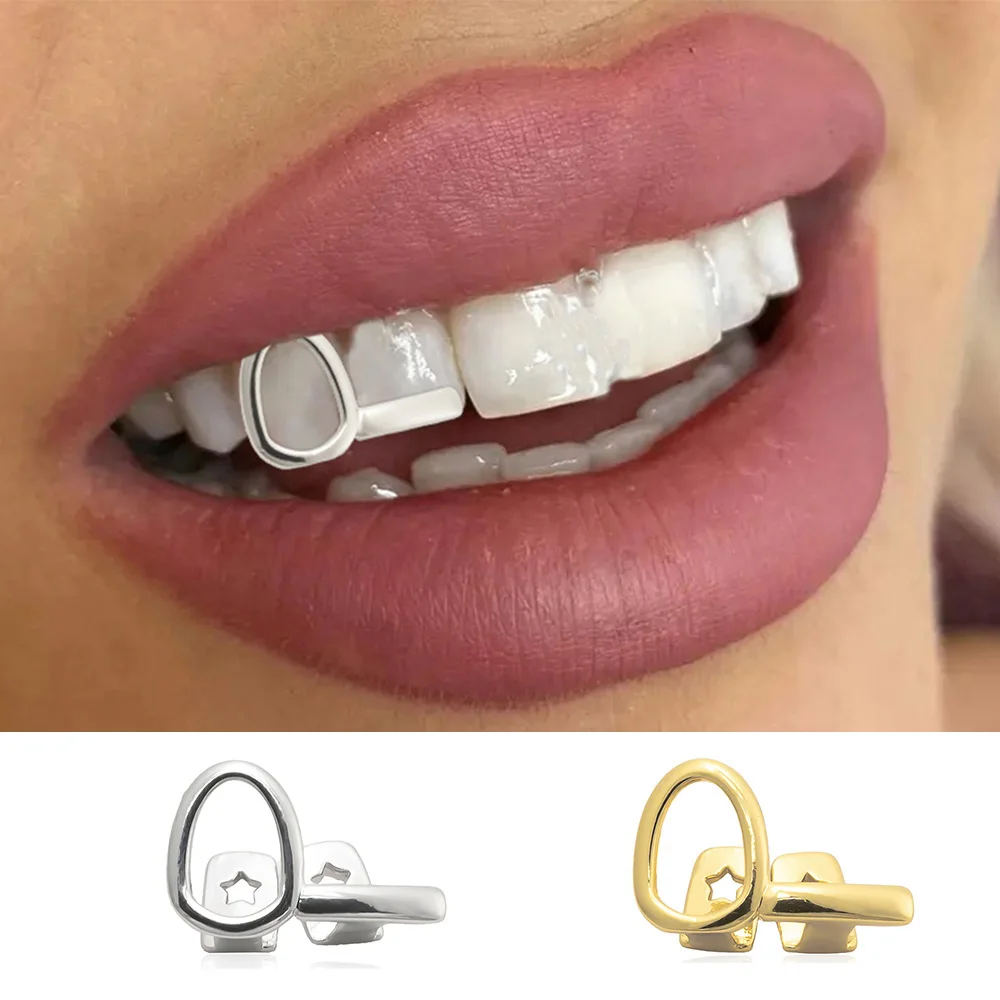 RACHELZ Hip Hop Single Horizontal Bar Hollow Tooth Caps Braces For Women Men Body Jewelry Punk Glossy Mouth Teeth Grillz