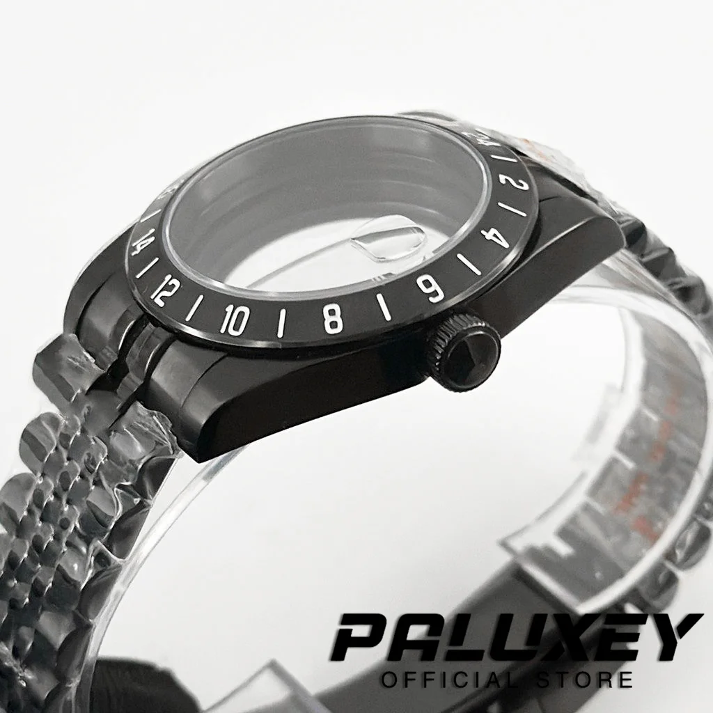 39mm Black Explorer NH34 NH35 NH36 NH38 Sapphire Glass Watch Case 24 Hours GMT Fixed Bezel Solid Glide Lock Clasp ETA2824 Case