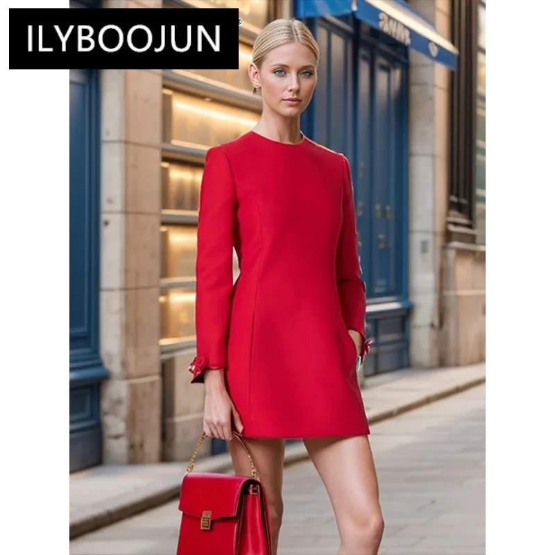 

ILYBOOJUN Solid Loose Spliced Bowknot Elegant Dress For Women Round Neck Long Sleeve High Waist Temperament Dresses Female