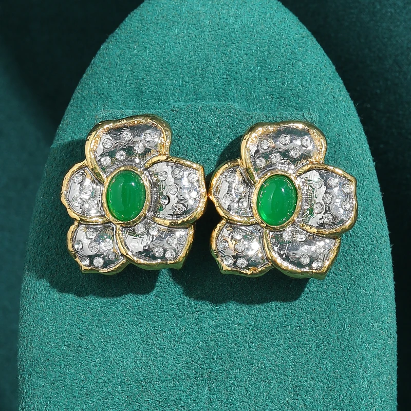 Vintage Green Agate Silver Color Flower Stud Earrings 2 Vintage Green Agate Silver Color Flower Stud Earrings