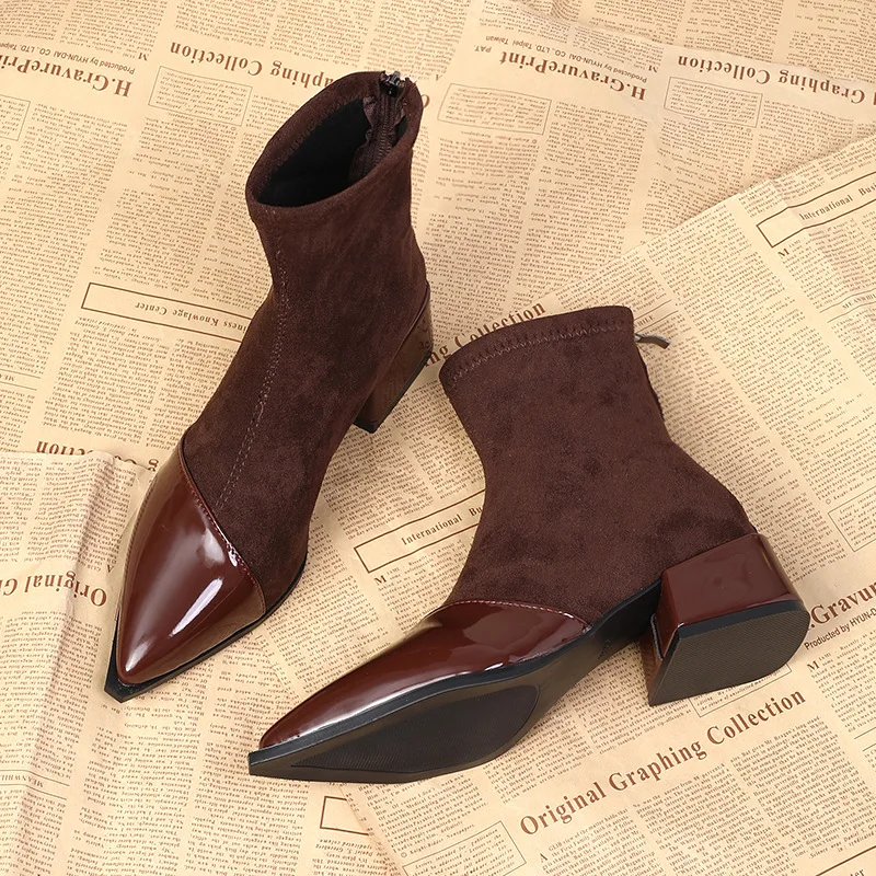 Winter Boots Women Chunky Mid Heels Suede Shoes Woman Pointed Toe  Trend Winter New Goth Walking Snow Chelsea