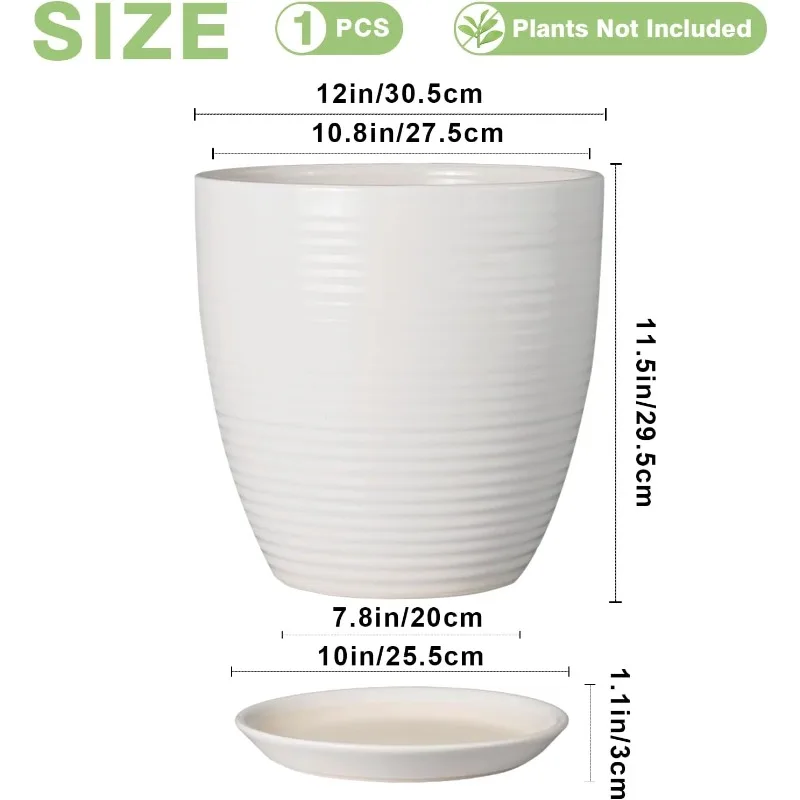 Doniczka ceramiczna 30 cm, duża doniczka z otworem drenażowym i spodkiem, okrągła doniczka na rośliny do użytku wewnątrz i na zewnątrz, biała