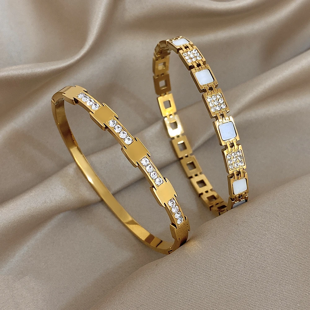 Freetry رائعة تألق أحجار الراين الفولاذ المقاوم للصدأ الكفة سوار للنساء أنيقة فاخرة الذهب اللون جولة واسعة الإسورة هدية #1