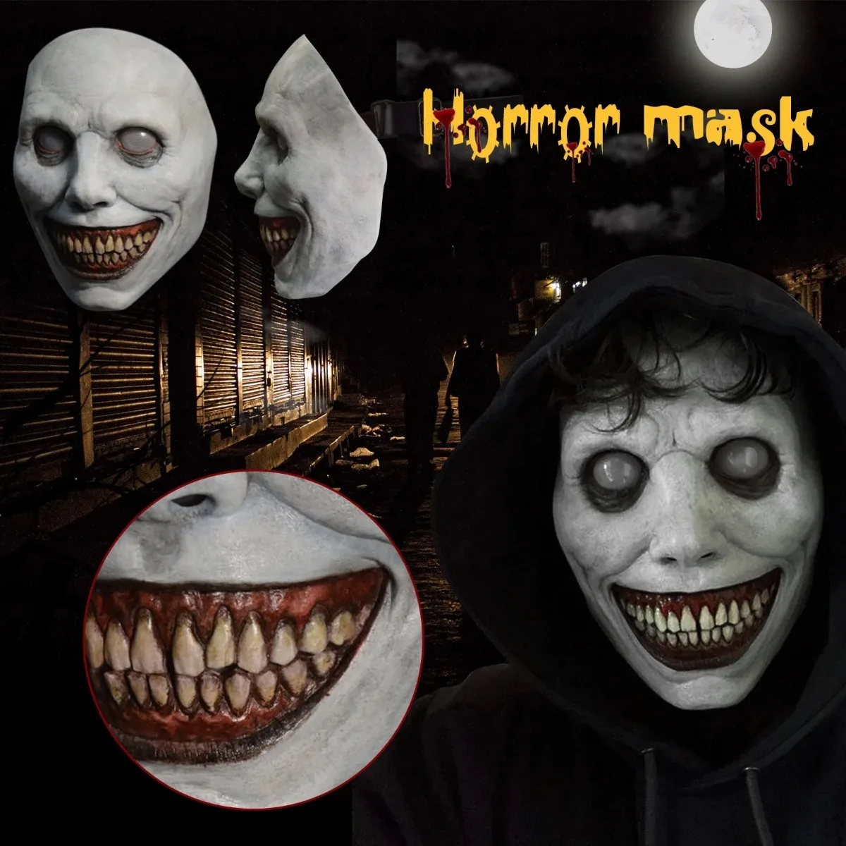 Halloween Evil Light White Eye Smiling Demon Masks Scary Creepy Full Face Latex Mask Adult Halloween Cosplay Costume Party Props