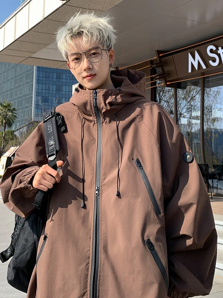 

Cé Brown Loose Fit Men's Jaet Outdoor Windproof Zipper Decoration Long Sve Youth Trendy Casual Autumn Coat Outerwear