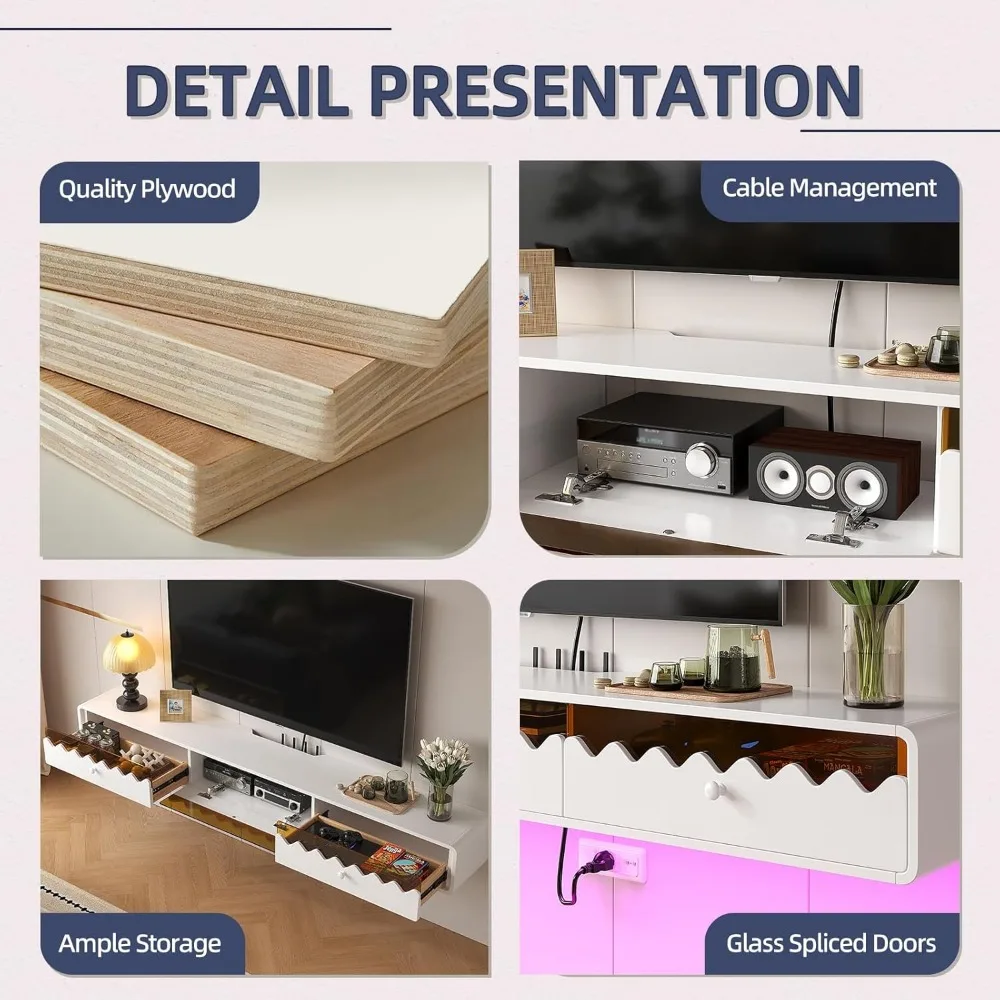حامل تلفزيون عائم، زجاج مموج مثبت على الحائط مقاس 47 بوصة مع باب وأدراج قابلة للطي، وحدة تحكم ترفيهية حديثة للوسائط
