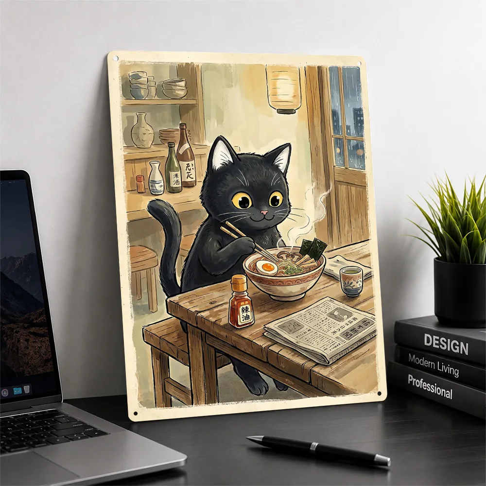Black Cat Enjoying Ramen 3D Texture Metal Poster Customized Wall Art Tin Sign Gift for Mancave Decoration Room Decor Luxury Home