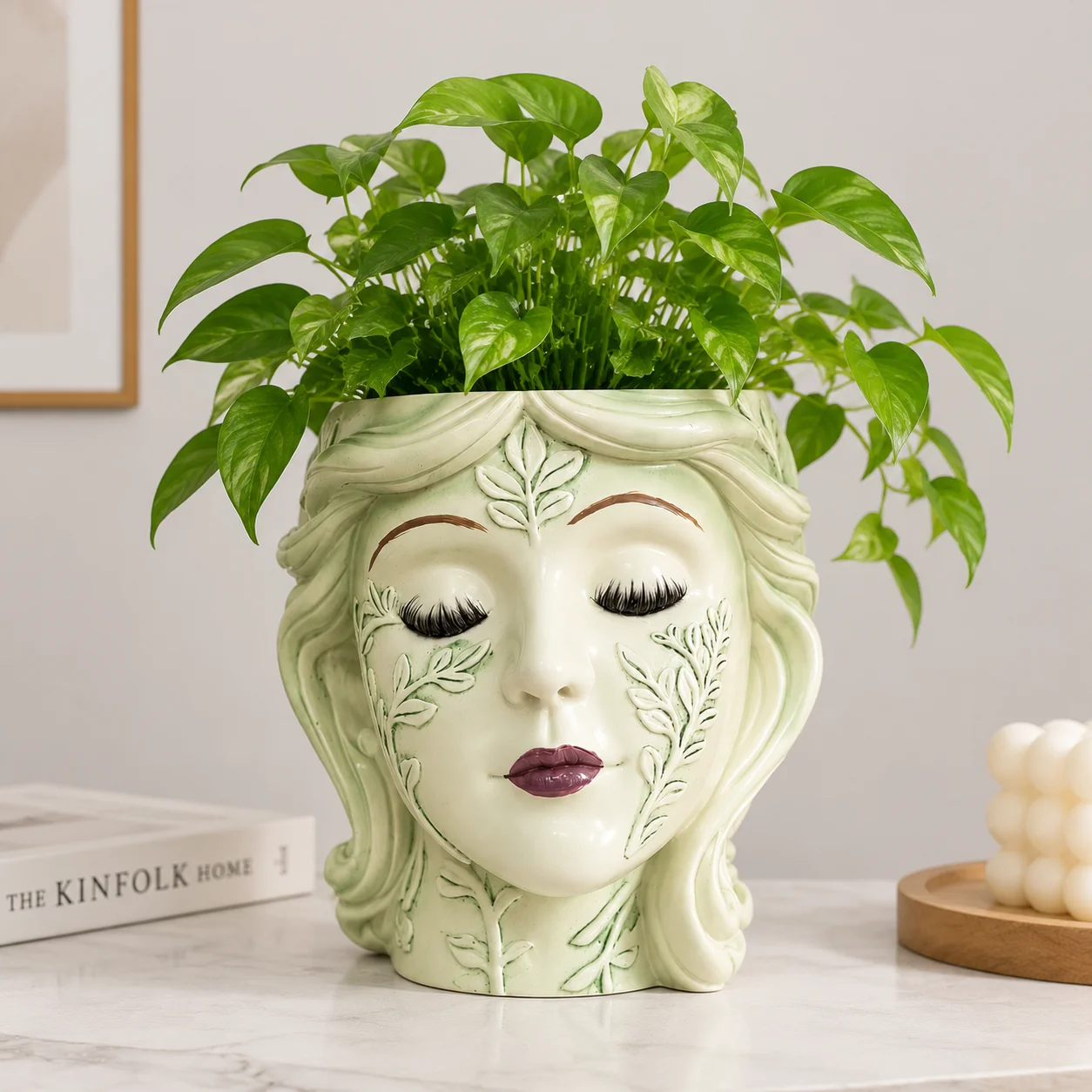 One Vintage Goddess Head Planter, Hand-Painted Resin Face Flower Pot, Indoor Outdoor Garden Decor Home Ornament with Boho Artist