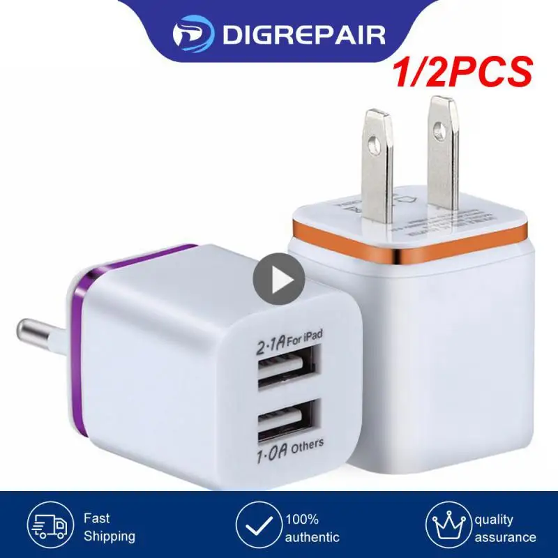 1/2PCS Portable Travel Charger Dual Ports USB Charger Power Adapter 2.1A Fast Charger Adapter for Mobile Phone Wall Charger