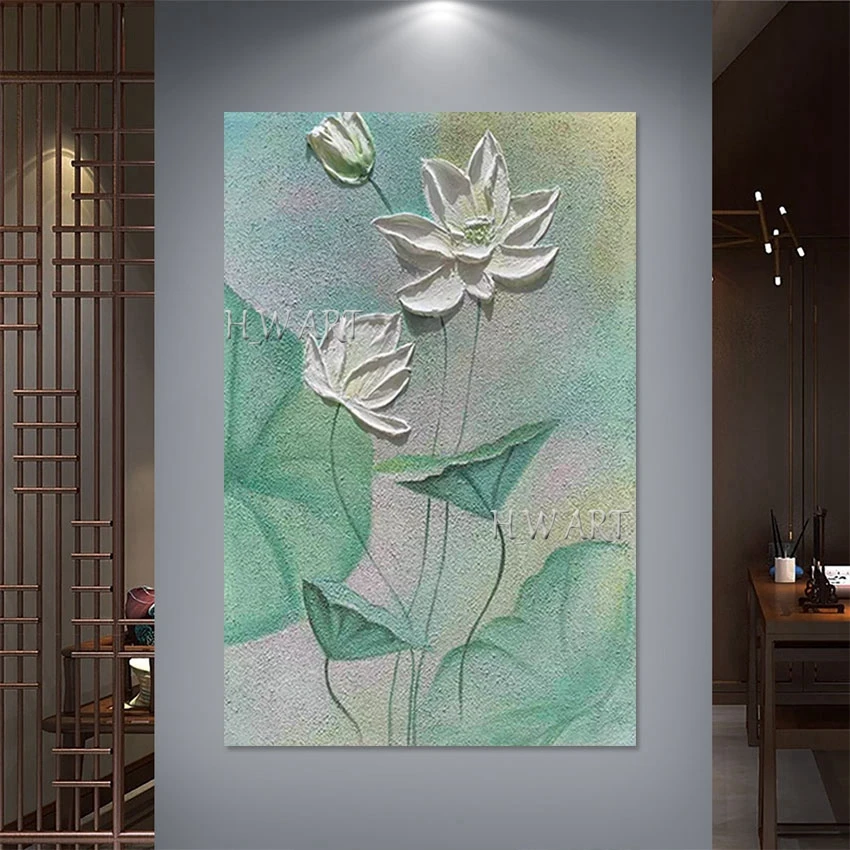 Beautiful Handmade Natural Scenery Painting, 3d Abstract Lotus Flowers Art Wall, Frameless, High Quality, Acrylic Canvas Picture