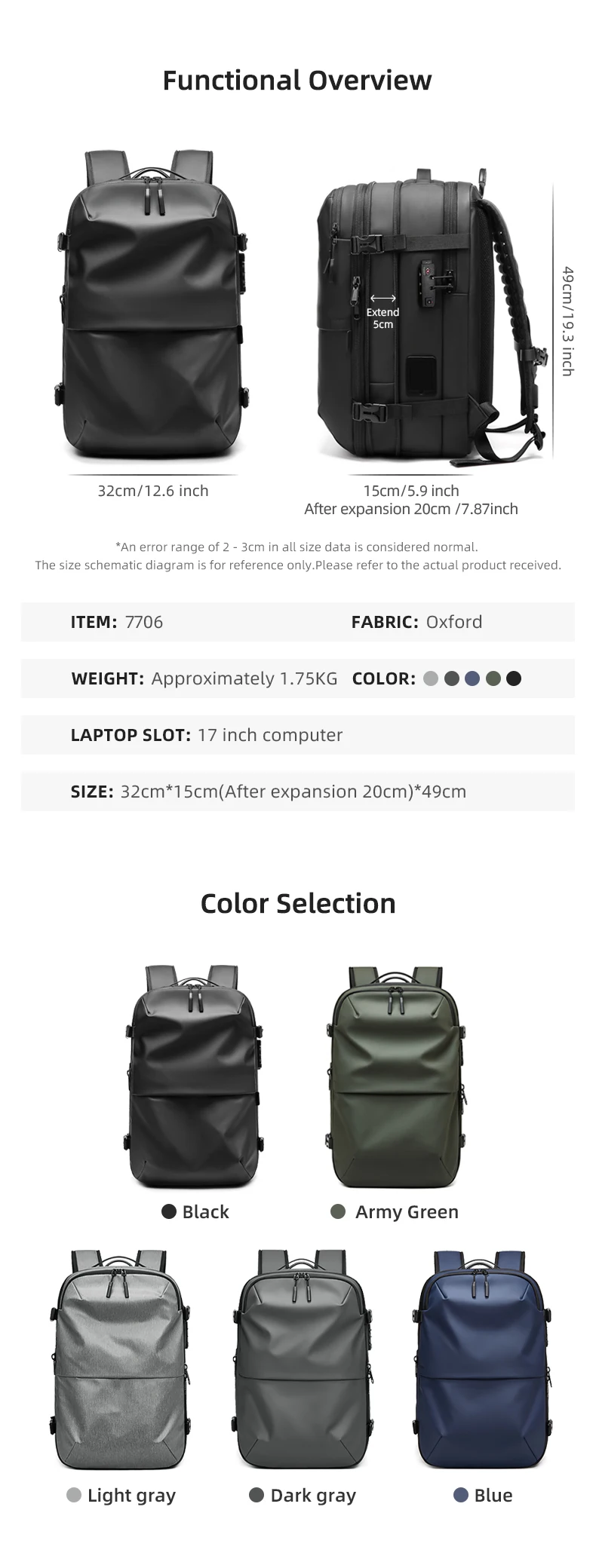 Herren-Reiserucksack mit One-Click-Start-Pumpe, Vakuum-Kompression, Laptopfach, Wandern, Outdoor, 17 Zoll, erweiterbarer Schulrucksack – Detail 2