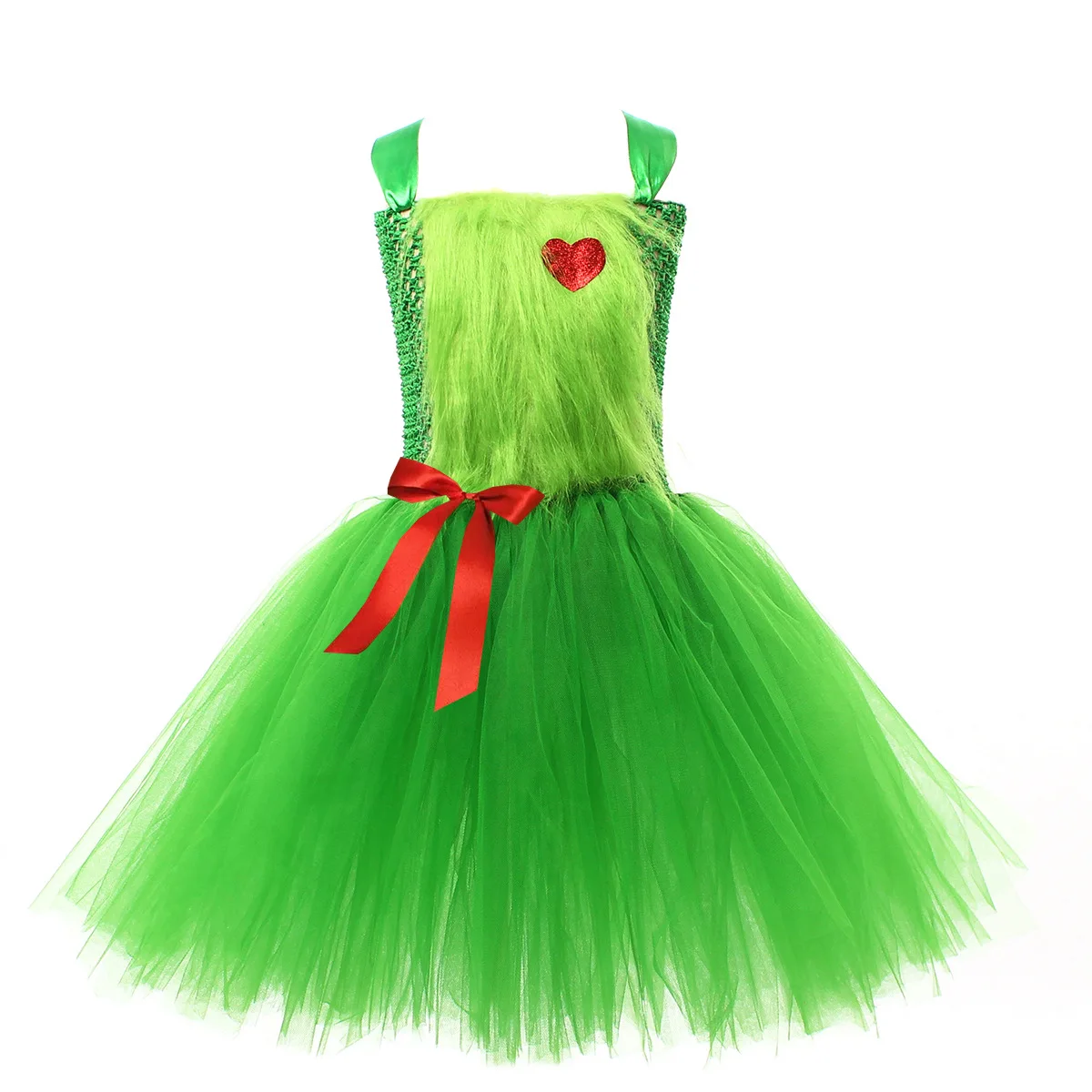 Girl Christmas Costume Green Monster Fur Trim Sleeveless Tulle Dress Fancy Xmas Party Outfit