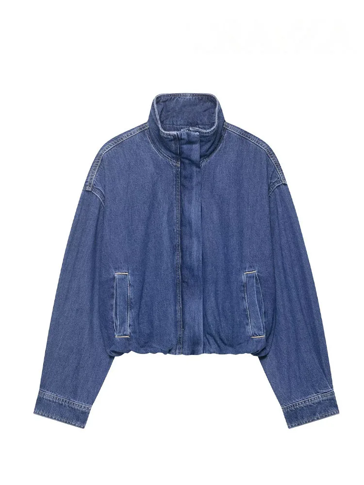 

HH Women's Fashion Long Sleeves Jackets Denim Blue Turtleneck Pockets Button Zipper Female Autumn High Street Short Coats