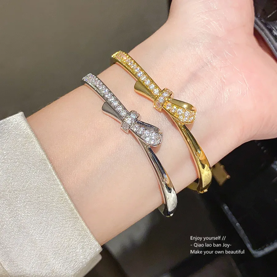 

Gold Plated Bow Clasp Bracelet, Cubic Zirconia Adjustable Bangle for Women - Dainty & Elegant Minimalist Jewelry, Luxury Gift