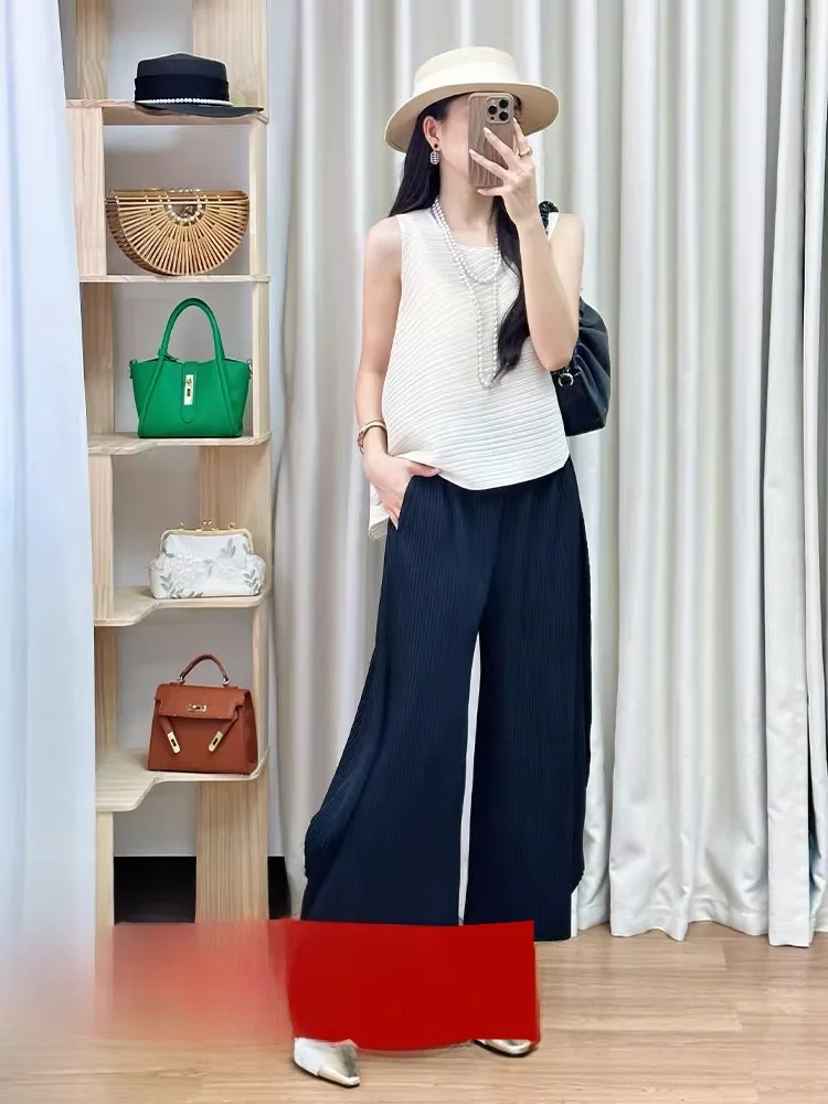 

High Waist Wide Leg Pants Sleeveless Hooded Pure Color Set Casual Summer Outfit Breathable Polyester Blend round Neck Design