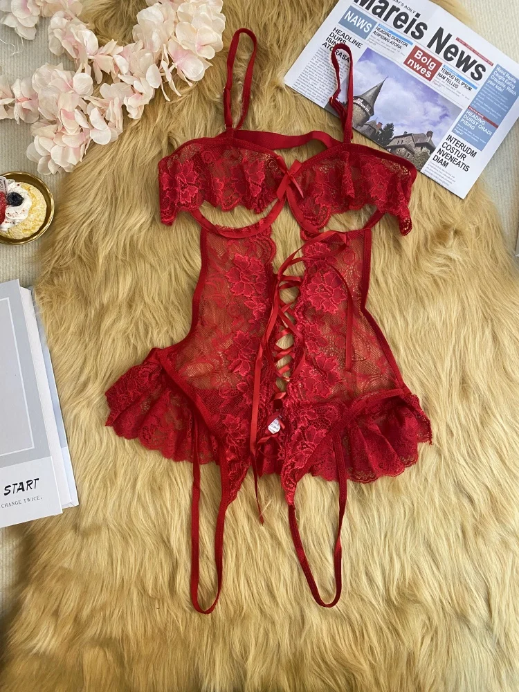 Crotchless Red Sexy Lingerie Women Lace Hollow Bra Set Erotic Costumes Teddy Baby Doll Dress Deep V Open Bra Sexiest Bodysuits