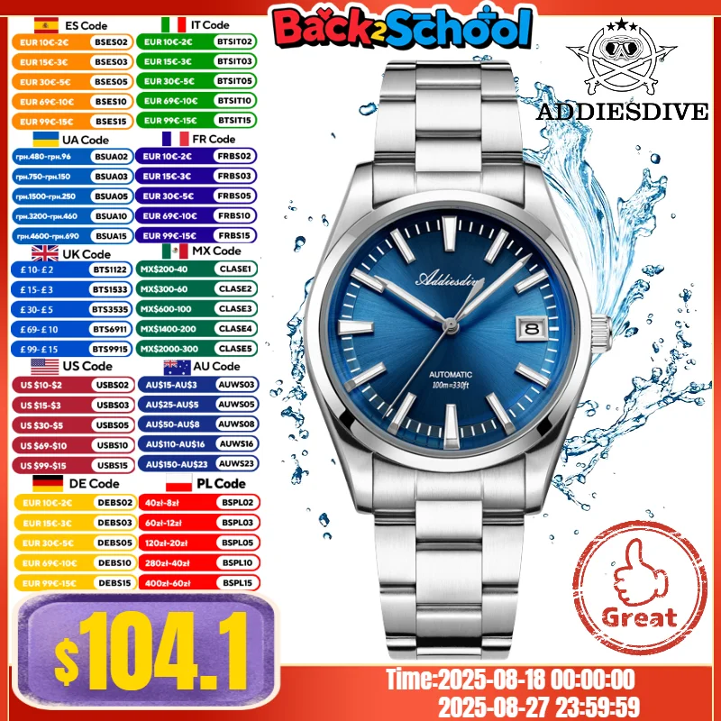 

ADDIESDIVE Watch For Men 100m Waterproof 39mm Bubble Mirror Glass BGW9 Super Luminous Japan NH35A Automatic Mechanical Watch