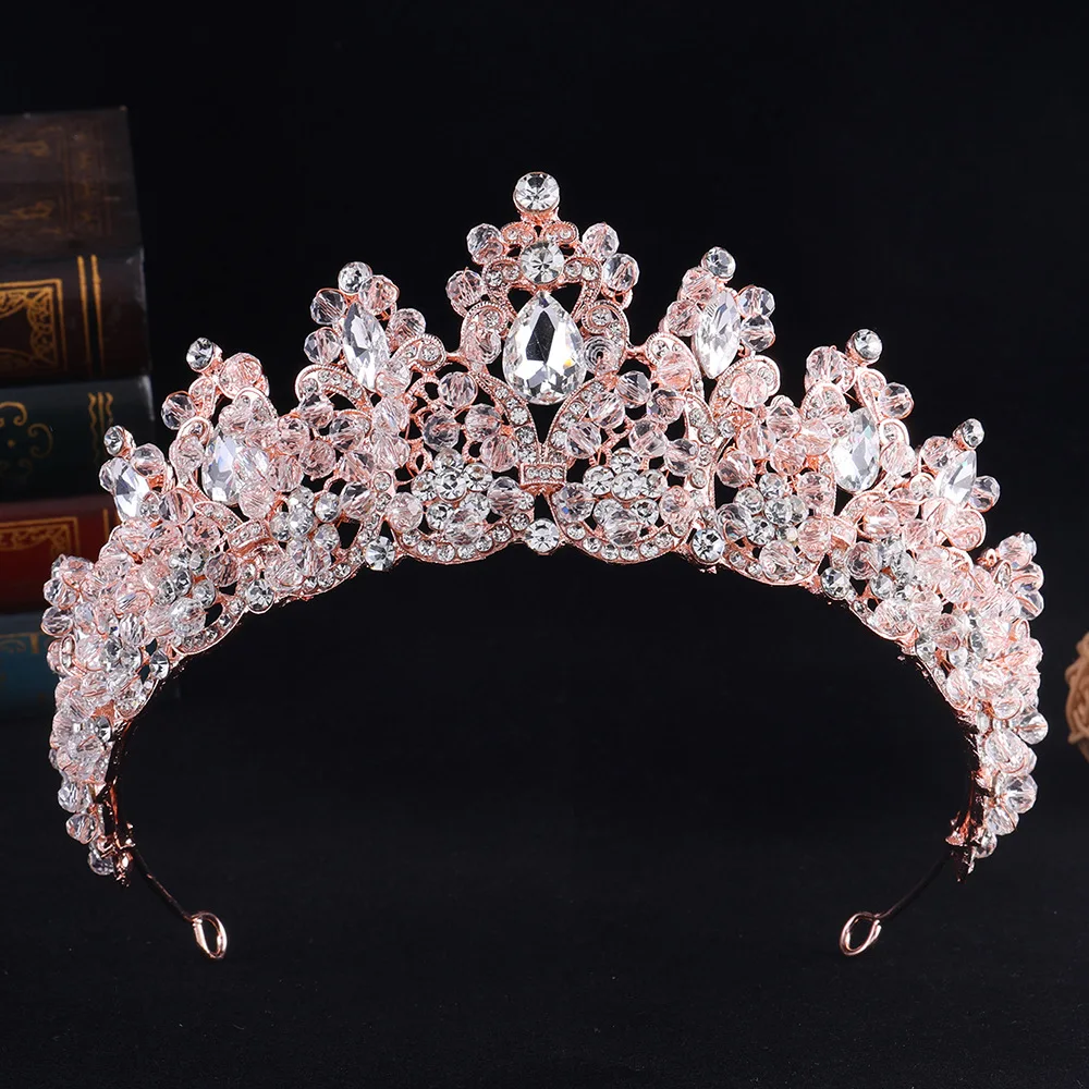 

Baroque Vintage Rose Gold Color Crystal Beads Bridal Crown Headwear Rhinestone Tiaras For Women Wedding Hair Accessories Jewelry