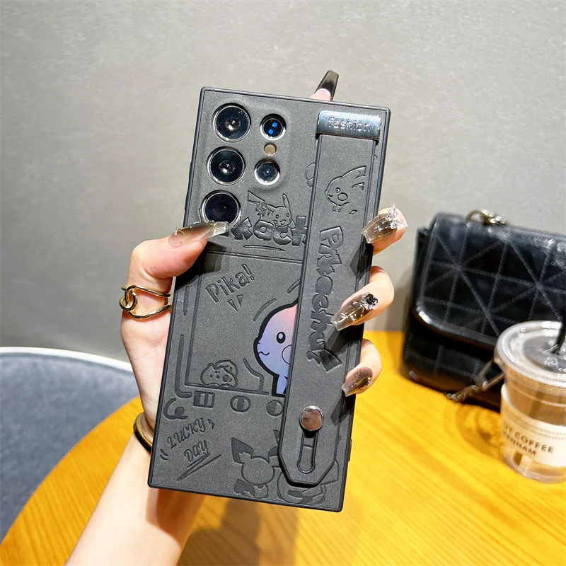 Anime Cartoon Pikachu Laser Leather Texture Phone Case Wristband For Samsung Galaxy S25 S24 S23 S22 Ultra Plus Shockproof Cover