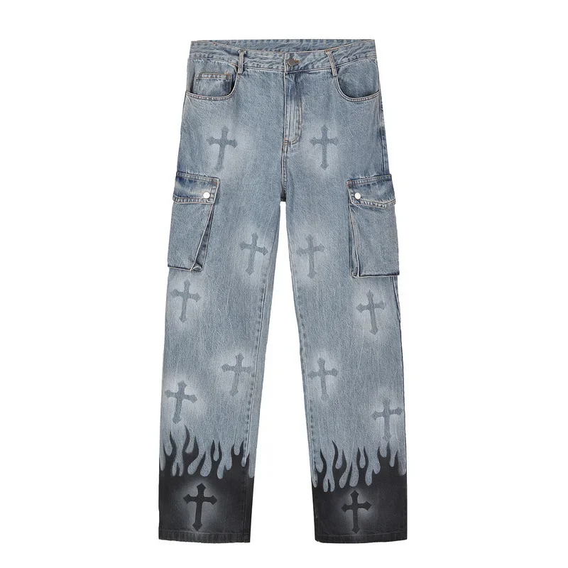 Leather Embroidered Cross Vintage Blue Jeans Men's High Street Loose Straight Wide Leg Pants Hip Hop Streetwear Male Baggy Denim