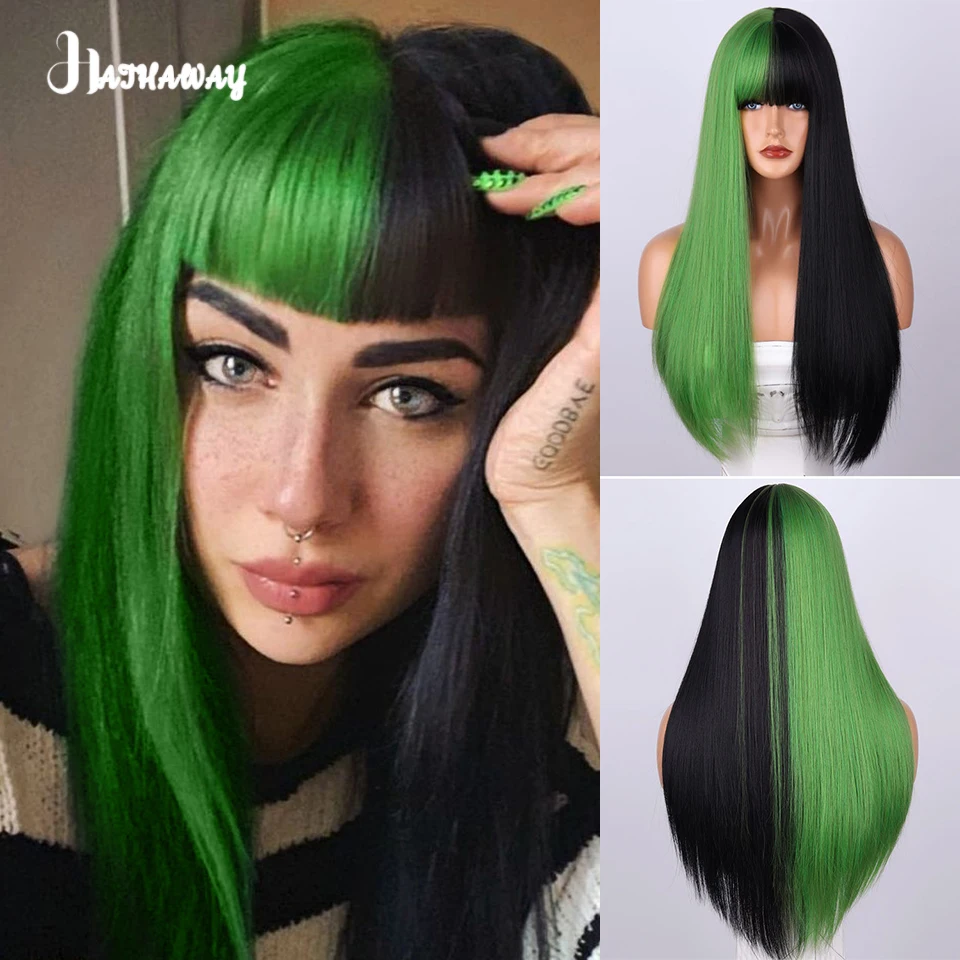 Synthetic Wig Long Straight Hair Female Black And Green Splicing Wig Smooth Natural Wig Party Activities Daily Wear Wig Female