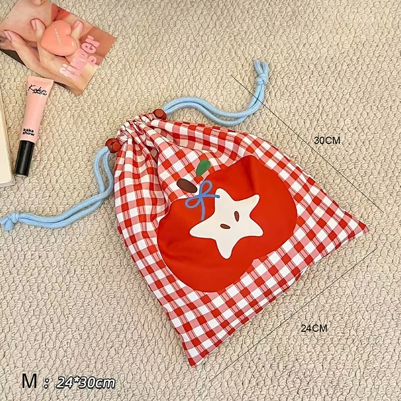 Cute Drawstring Storage Bag Large Capacity Red Plaid Travel Organizer for Clothes Cosmetics Portable Fabric Pouch with Apple Pri