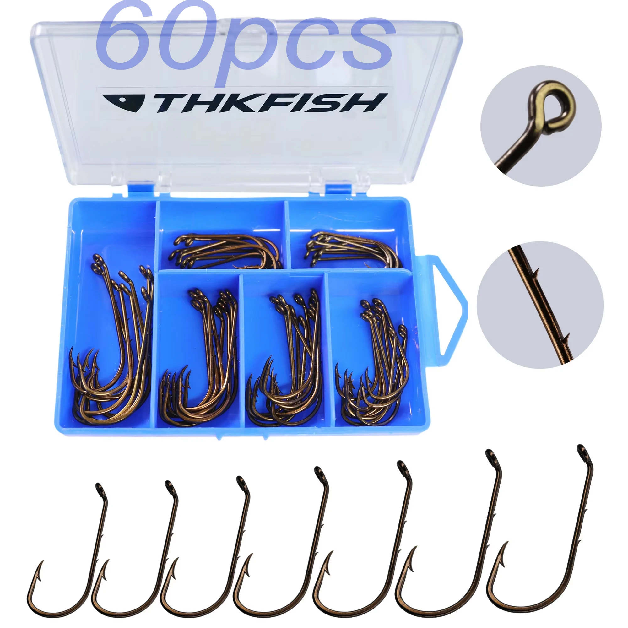 60pcs Baitholder Fishhook Set High Carbon Steel Fly Fishing Hook #1-#5/0 Long Shank Fishing Hooks Offset Narrow Bait Hook