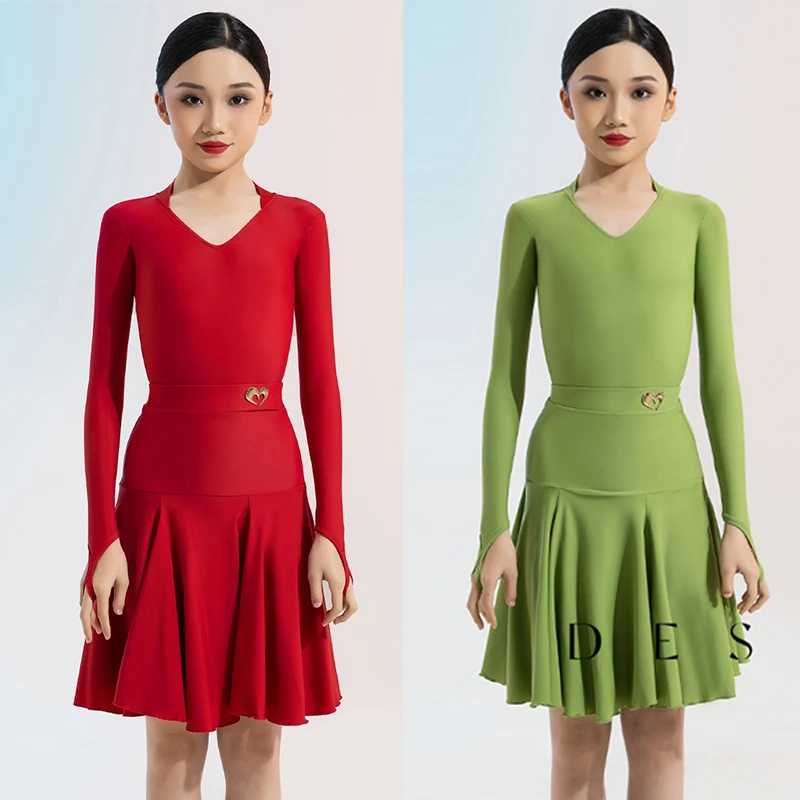 

Professional Latin Dance Suit Girl Latin Competition Performance Dress Long Sleeve Leotard Standard Dance Clothes Red Green 2200
