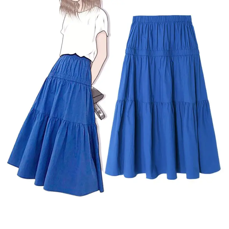 Langer Sommerrock für Damen, hohe Taille, Maxiröcke aus Baumwollleinen, Frühling und Herbst, plissierter Rüschenrock