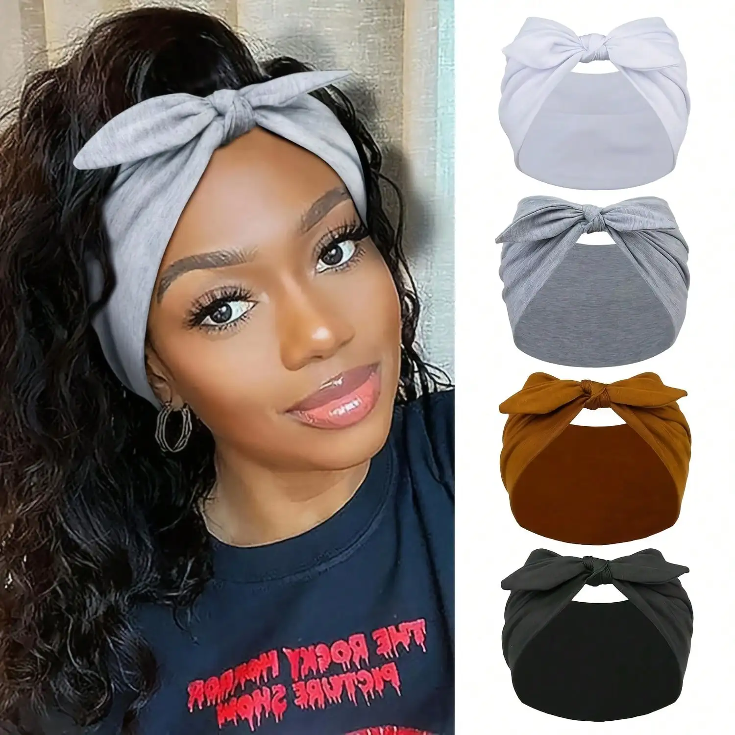 

4Pcs Rabbit Ear Knotted Headband - Wide-Brimmed Elastic Solid Color, Soft Comfortable Daily Sweatband