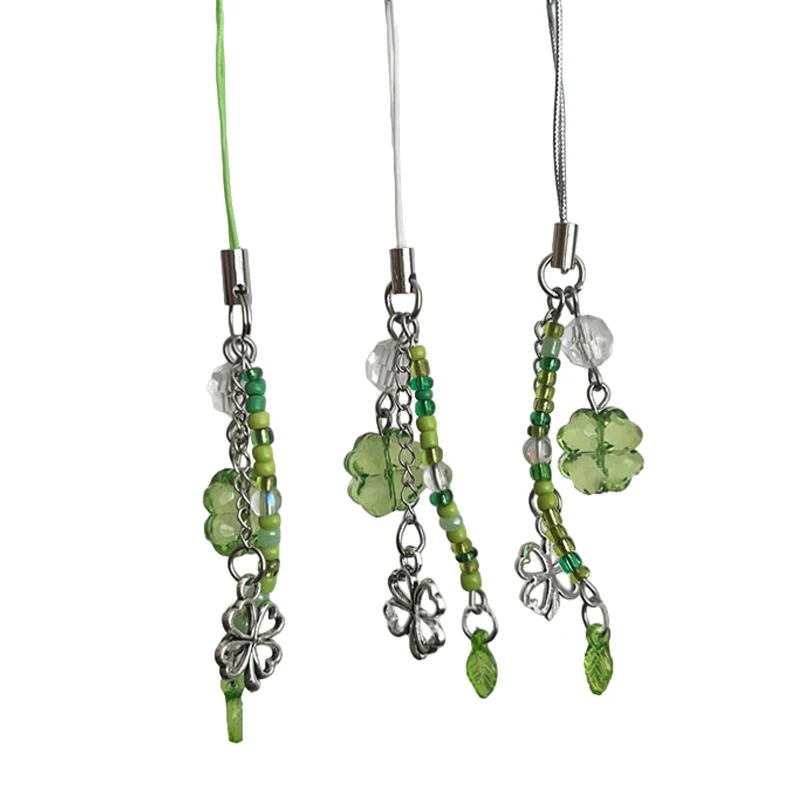 Handmade Beaded Phone Chain Lucky Four Leaf Clovers Phone Chain Colorful Keyring CCD Pendant Cellphone Accessory Ornament