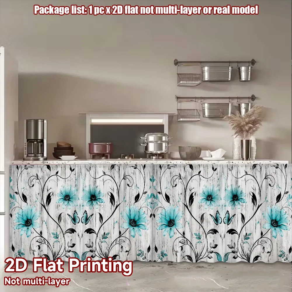 2D flat 1pc French romantic style Butterflies and Blue Flowers Digital printing Kitchen half-length curtains, shoe rack_cabinet