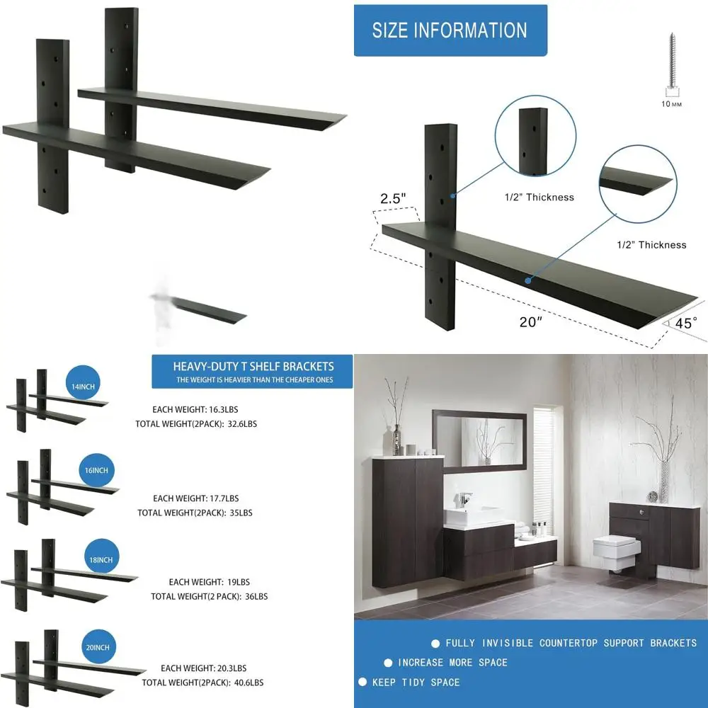 

20 Heavy Duty T-Shaped Metal Shelf Brackets, Powder Coated, 1/2 Thick, for Wall Seats & Vanities