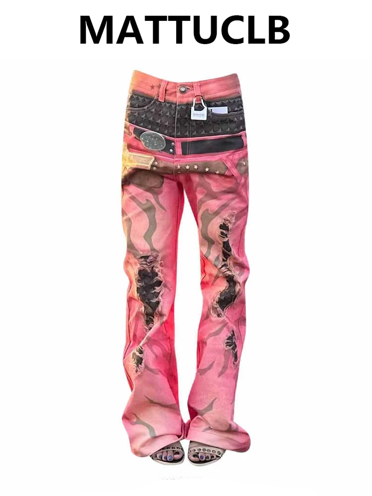 

Women's Jean Baggy Tie Dye Ripped Denim Pants Punk Grunge Y2K Japanese Harajuku 2000s High Street American Retro Goblin Core