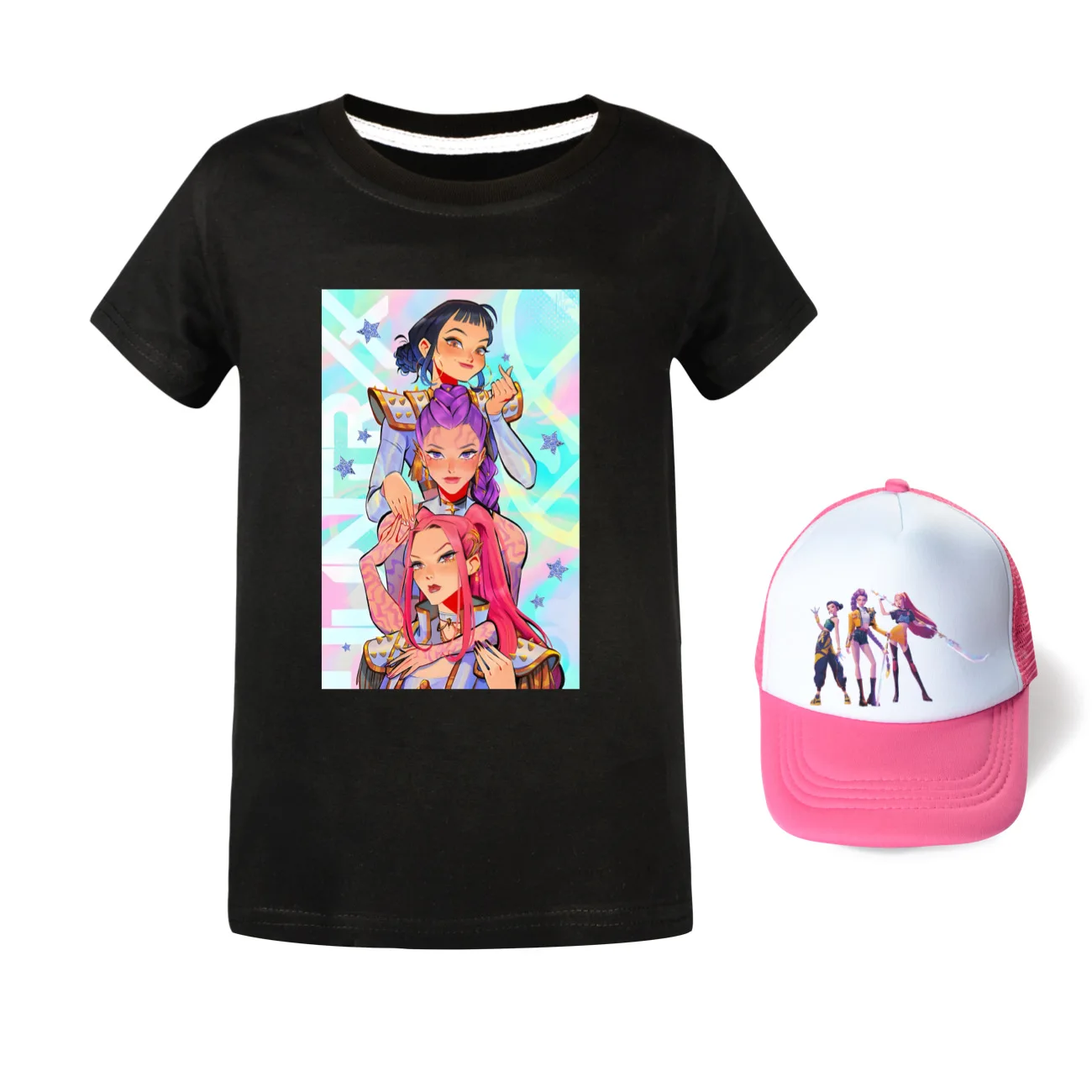 

KPop Demon Hunters Kids Летний комплект из 2 предметов Футболка с короткими рукавами с героями мультфильмов Шляпа от солнца Повседневные детские футболки для мальчиков и девочек-подростков