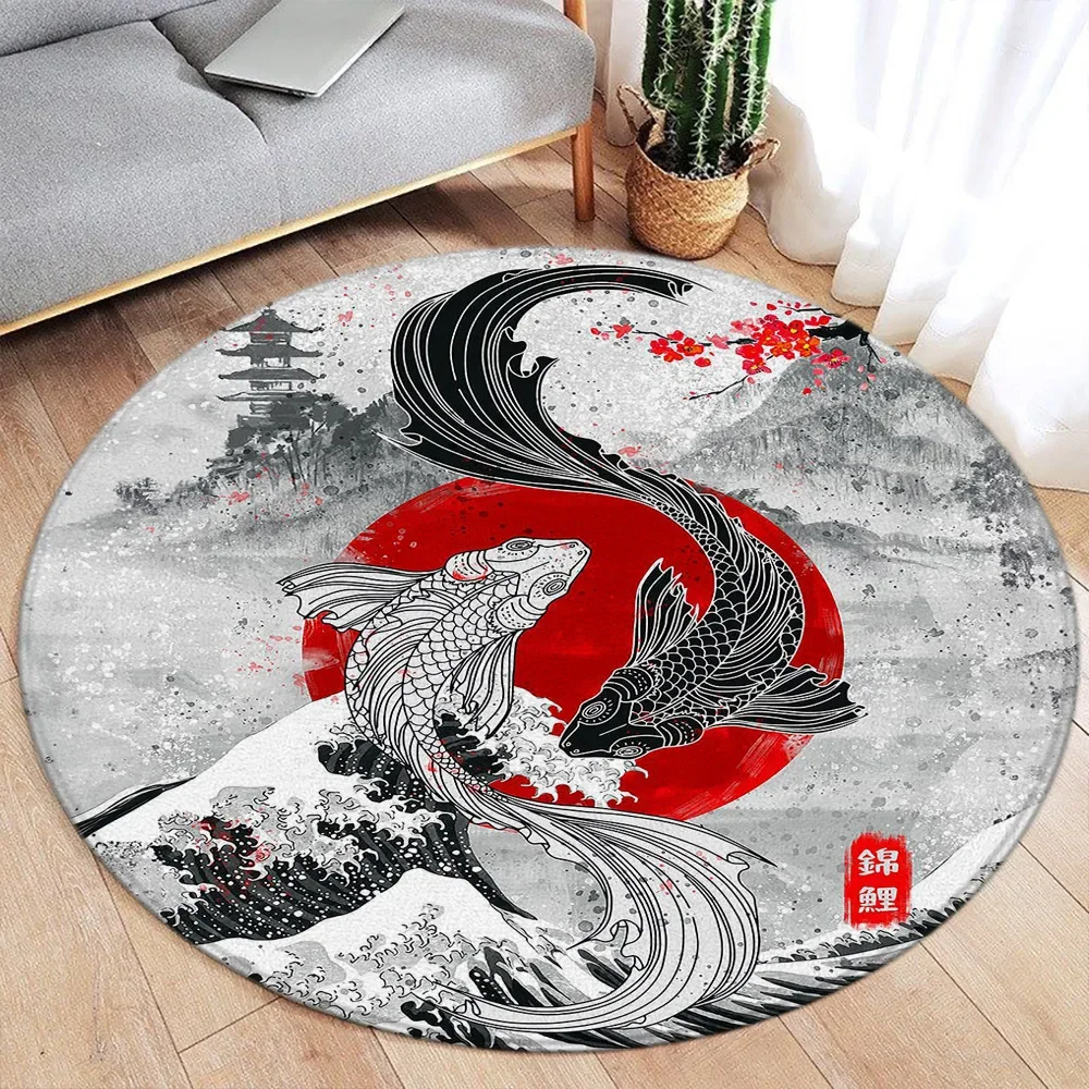 Japanese Style Round Carpet Koi Fish Lotus Cherry Blossom Flower Mountain Water Ink Art Home Living Room Bedroom Decor Floor Rug