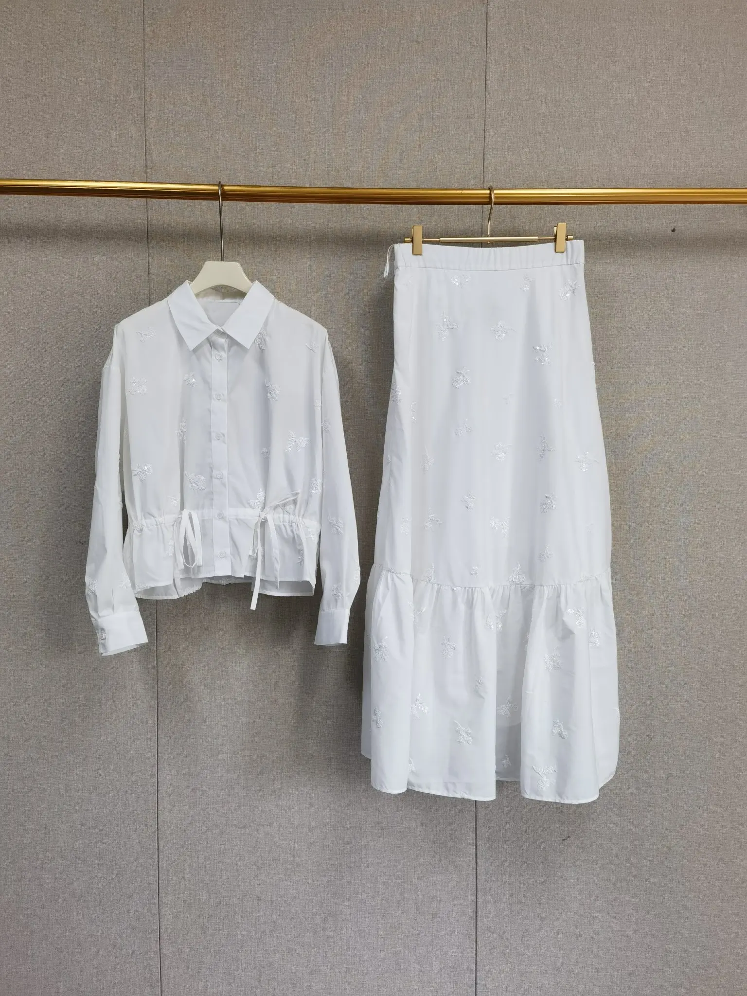 

Summer Sequin Embroidery Women White Shirt Waist Tie Top Long Sleeve Blouse or Elegant Female A-Line Midi Skirt