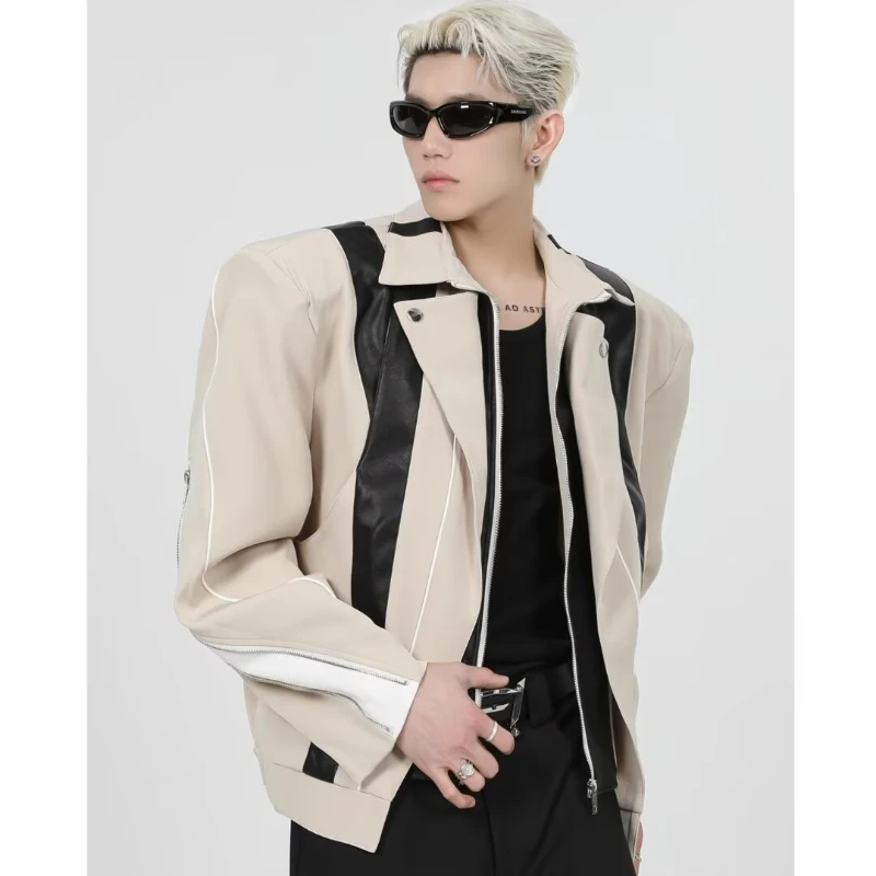 High Street American Mens Motorcycle Jacket Splicing Leather Trend Coats Shoulder Pads Loose Color Blocking Racing Outwear