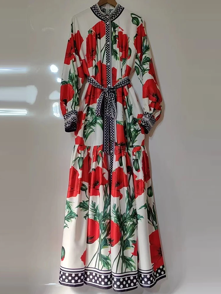 Retro spring women\'s new temperament stand-up collar single-breasted printed loose dress fashion long-sleeved belt waist A-shape