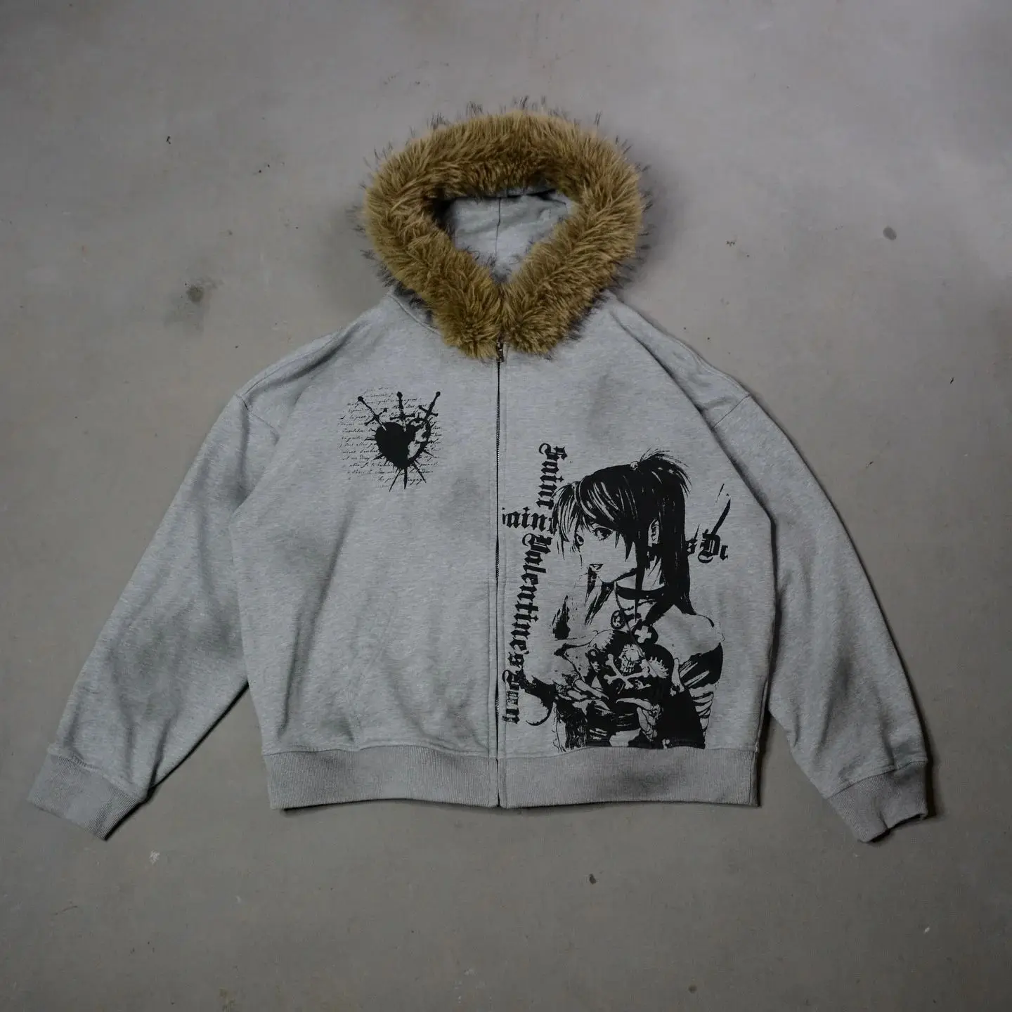 

Retro Hooded Sweatshirt Loose Fitting Men's and Women's Pullover Fashionable Street Style Printed Vintage Fur Collar Sweatshirt