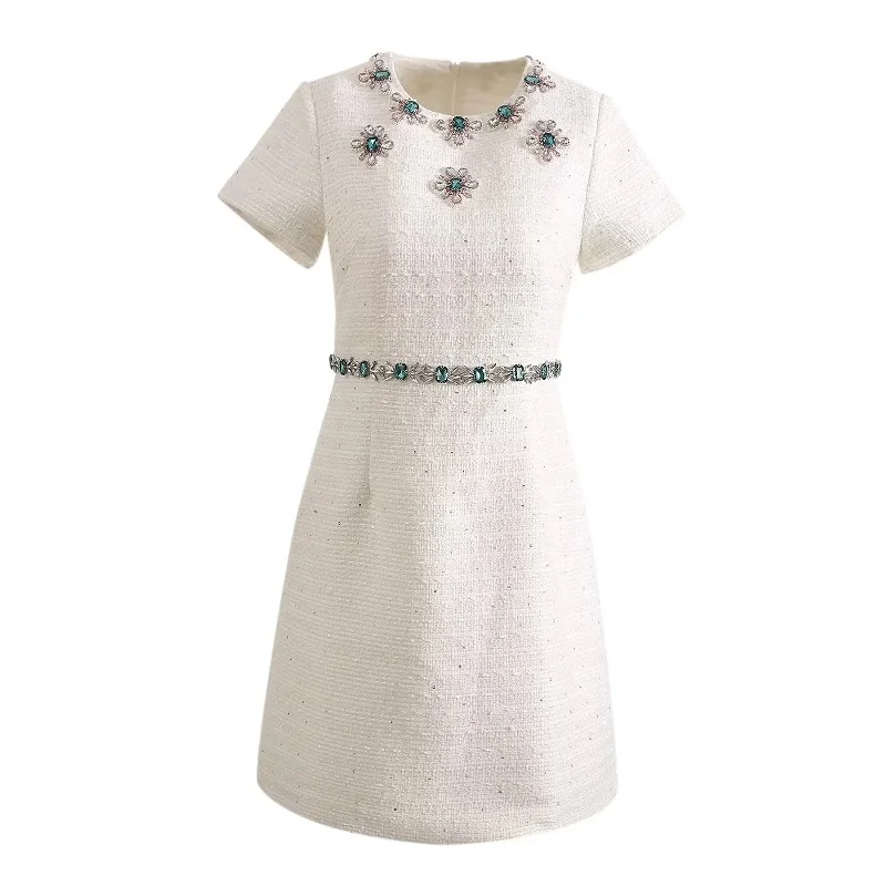 

Top Quality New Winter Dress 2023 Fashion Designer Women Diamond Beading Deco Short Sleeve Slim Fit White Cotton Wool Dress Chic