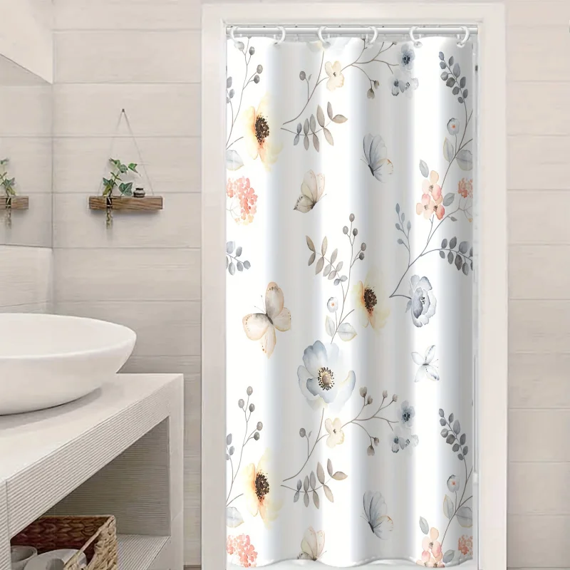 1pc Flower Pattern Shower Curtain, Water-Repellent Shower Curtain Includes Hanging Hooks, Bath Divider, Decorative Bathroom Part