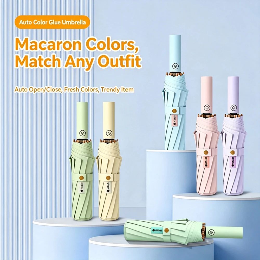 Automatic Folding Umbrella Windproof UV Protection UPF50+ Sun Rain Parasol Compact Travel Portable Travel color glue Parasol