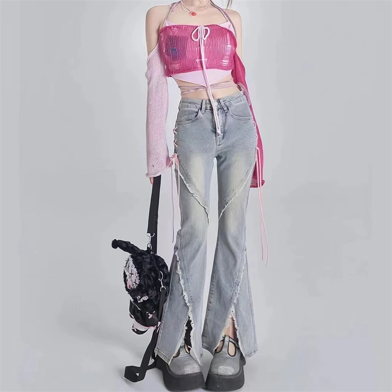 

Women's Splicing Fork Design Flared Jeans Summer New Chic Casual Wide-leg Irregular Pant Female Sexy Denim Bell-bottoms Trousers