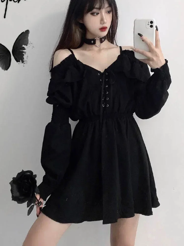 2024 Large Size Gothic Women Black Mini Dress Sexy Off Shoulder High Waist Tunic Ladies Party Dress Long Sleeve V Neck Vestidos