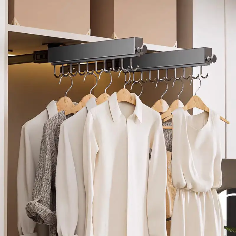 Telescopic Top Mount Closet Hanging Rod Pull Push Adjustable Retractable Cloakroom Clothes Organizer Rod
