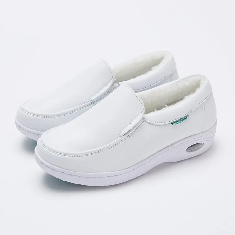 YAERNI Air Cushion White Nurse Shoes Winter Flats  Platform Sneakers Warm Moccasins with Fur Slip on Loafers Cotton Shoes